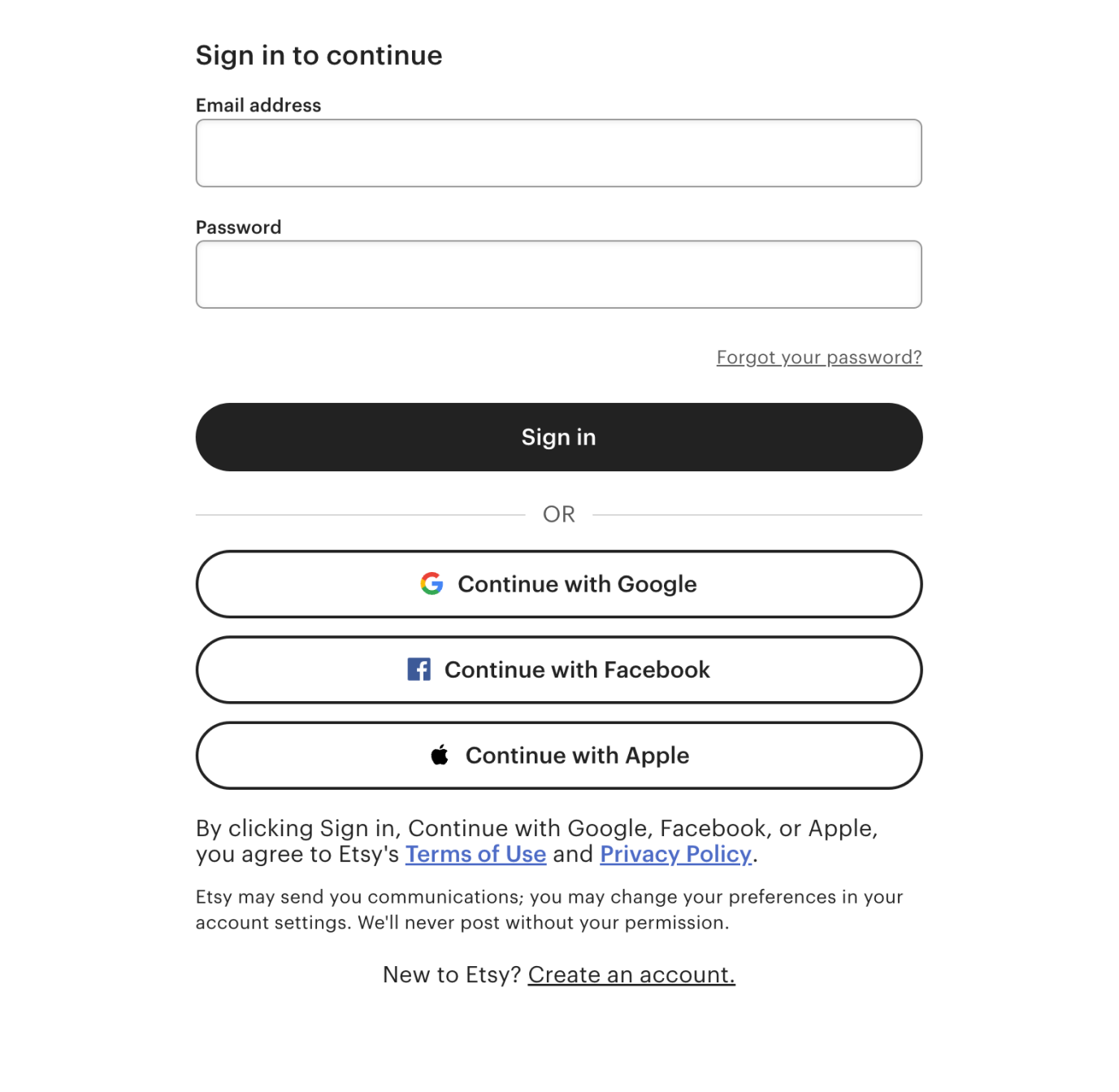 Etsy sign in page.