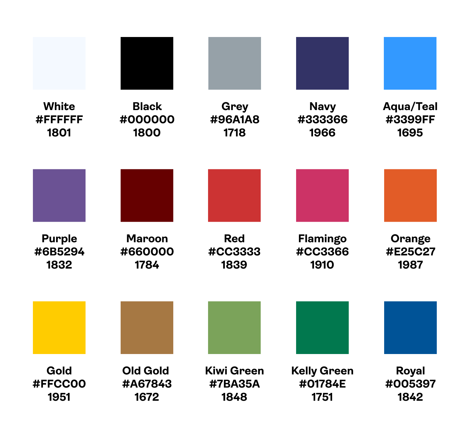 A 15-color embroidery thread swatch chart showing labeled colors such as White, Black, Grey, Navy, Aqua/Teal, Purple, Maroon, Red, Flamingo, Orange, Gold, Old Gold, Kiwi Green, Kelly Green, and Royal with their hex codes and thread numbers.