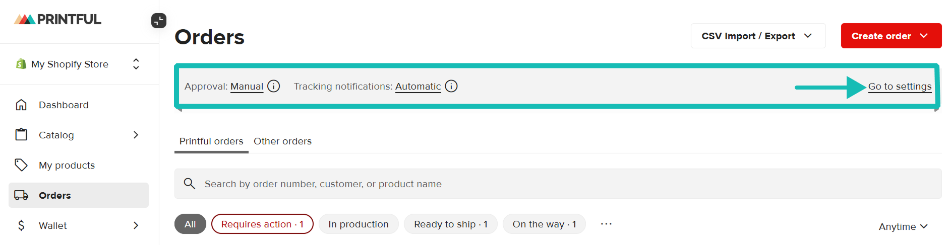 Order page highlighting the Approval and tracking notifications banner, pointing to the Go to settings.