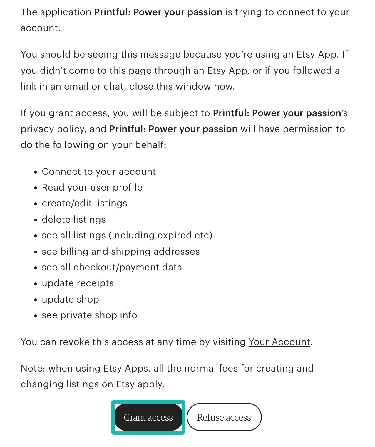 Access prompt when connecting Etsy to Printful.