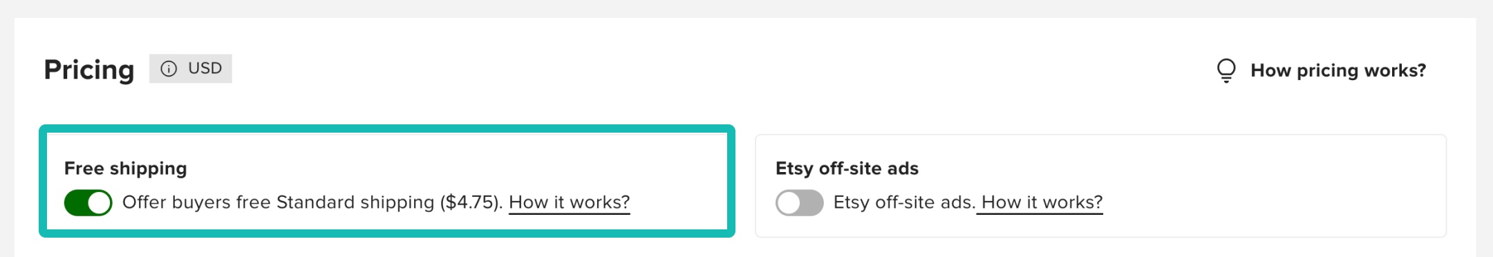 Free shipping toggle during publishing.