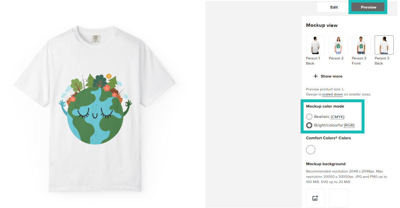Printful mockup preview showing a T-shirt design with options to switch between CMYK and RGB color modes.
