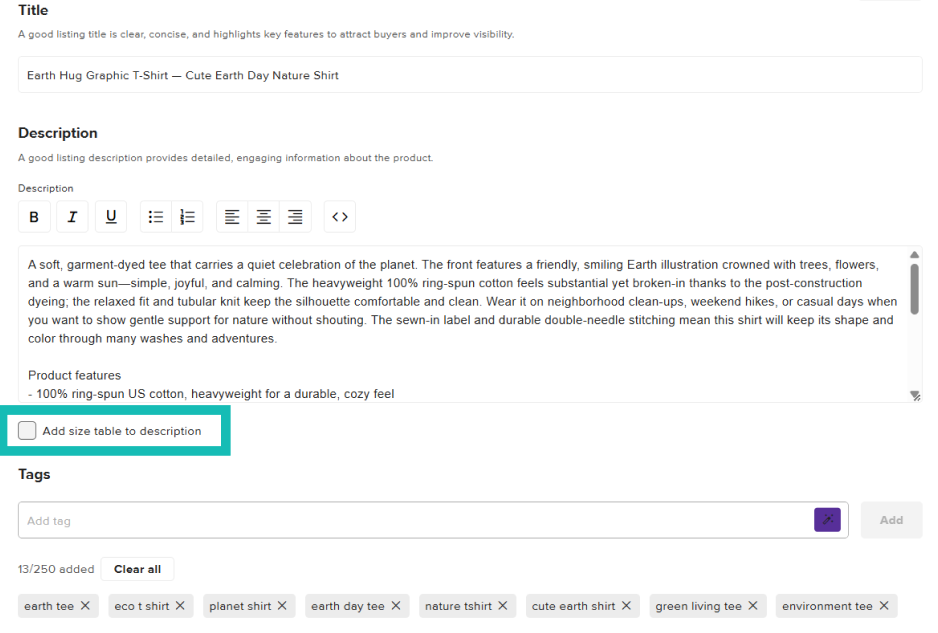Product listing editor showing fields for title, description, tags, and an option to add a size table.