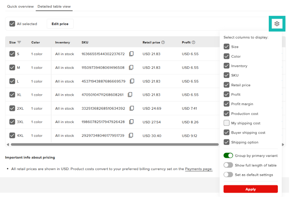 Pricing table showing product variants with retail prices, profits, and editable pricing columns.