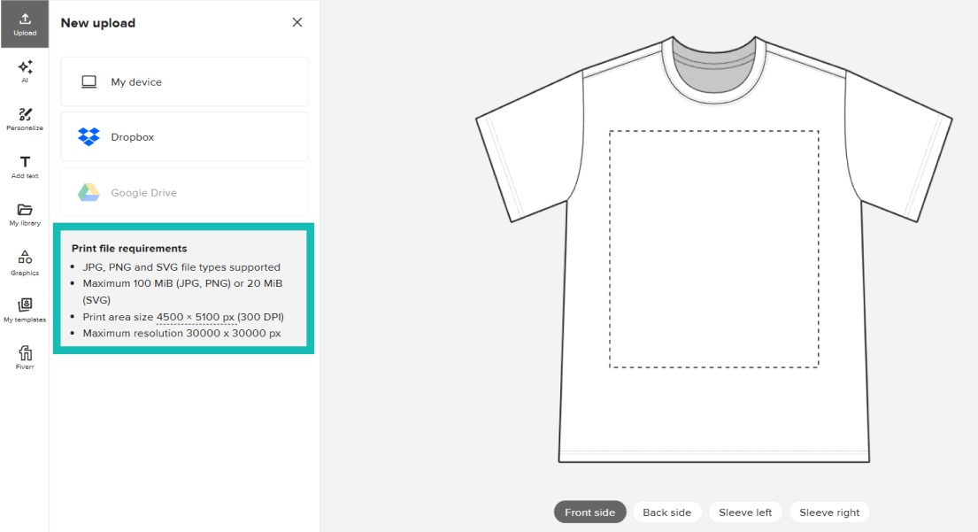 Printful Product Creator showing a T-shirt mockup with a highlighted print area and file upload requirements.