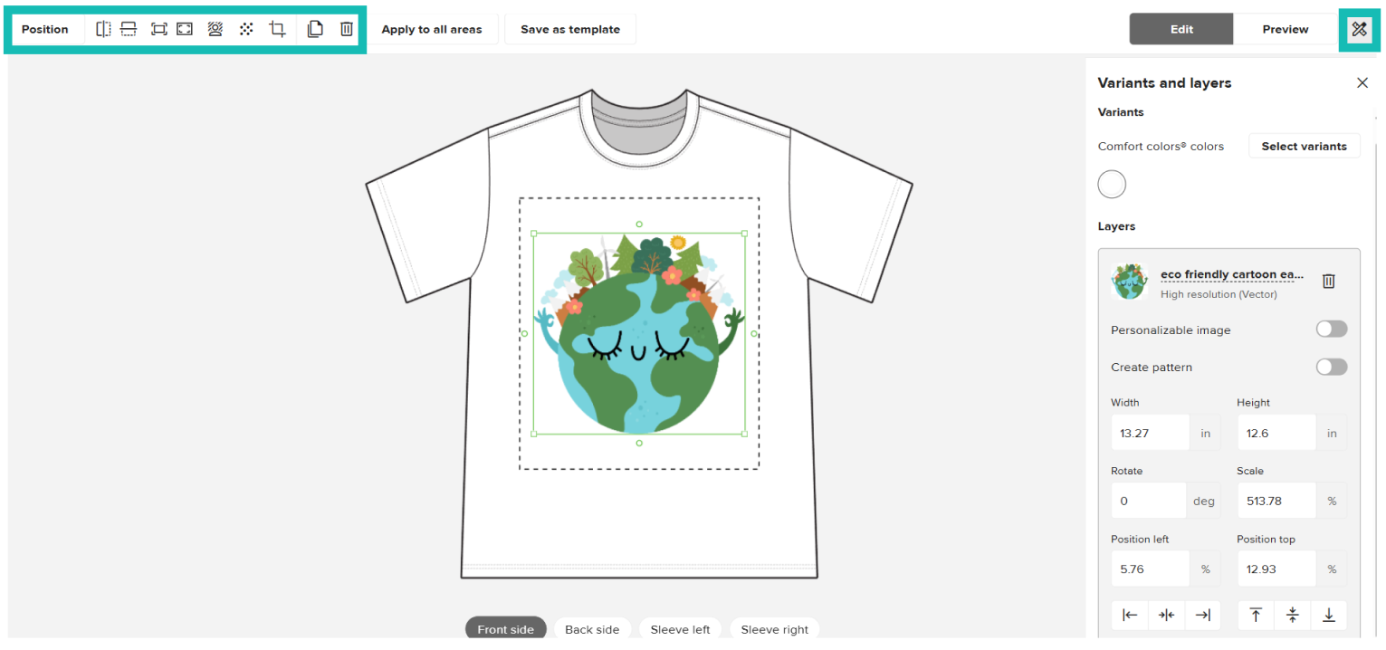 Printful Product Creator showing a T-shirt with a placed design and editing tools for positioning, scaling, and variants.