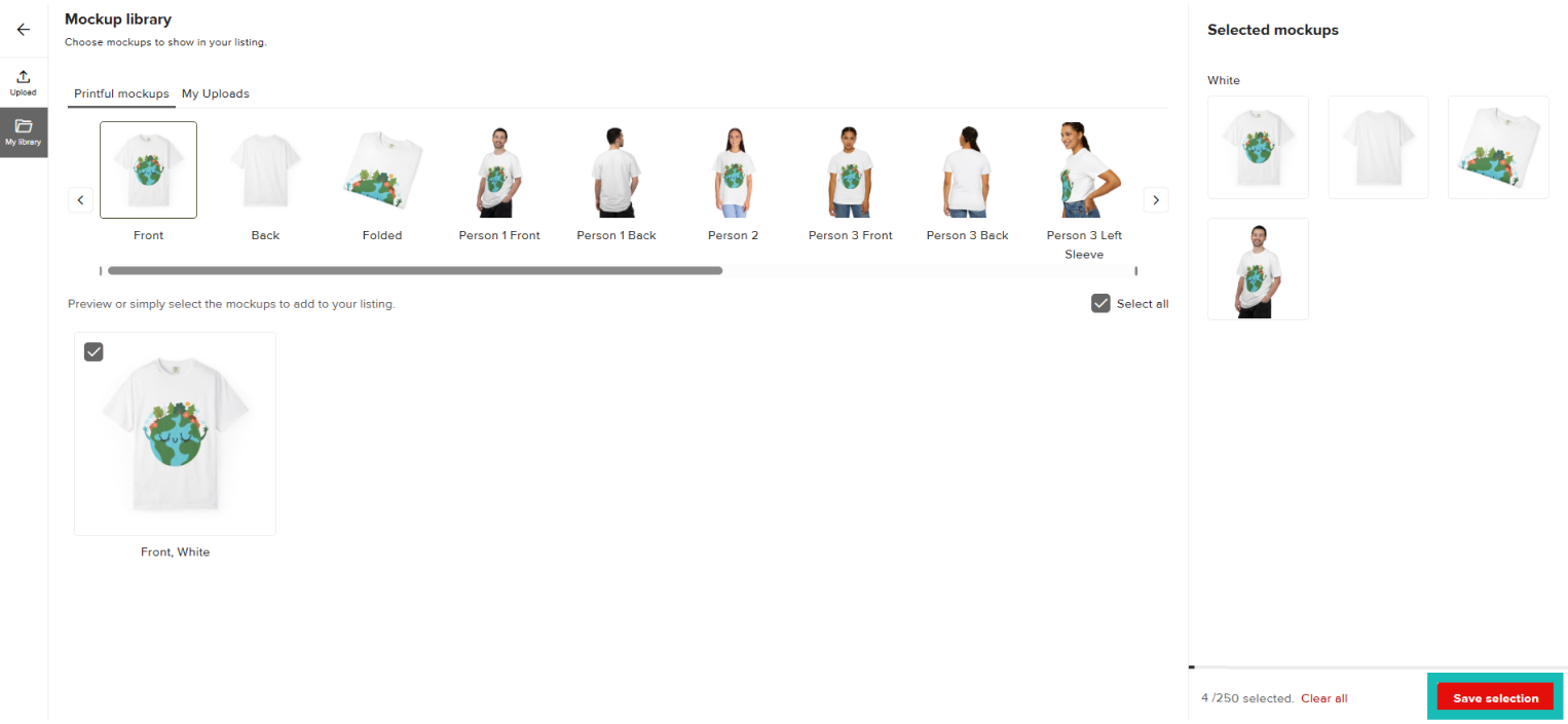 Printful mockup library showing available product mockups and selected images for a product listing.