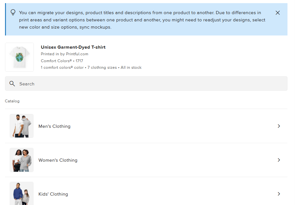 Product replacement screen showing a notice about migrating designs and a catalog selection menu.