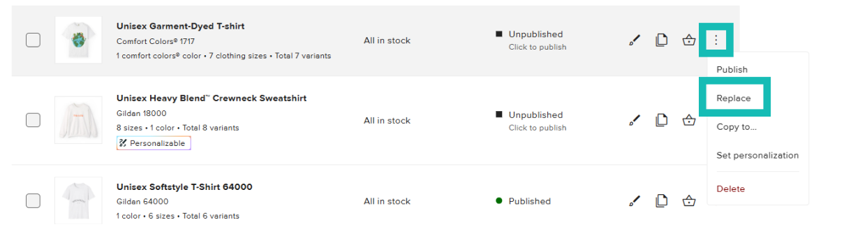 Product list showing Printful products with publish status and a menu to publish, replace, or manage a listing.