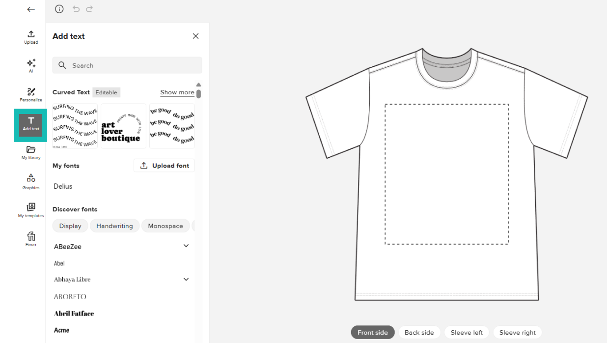 Design Maker with the Add text panel open, showing curved text options, font selection, and a T-shirt design area.