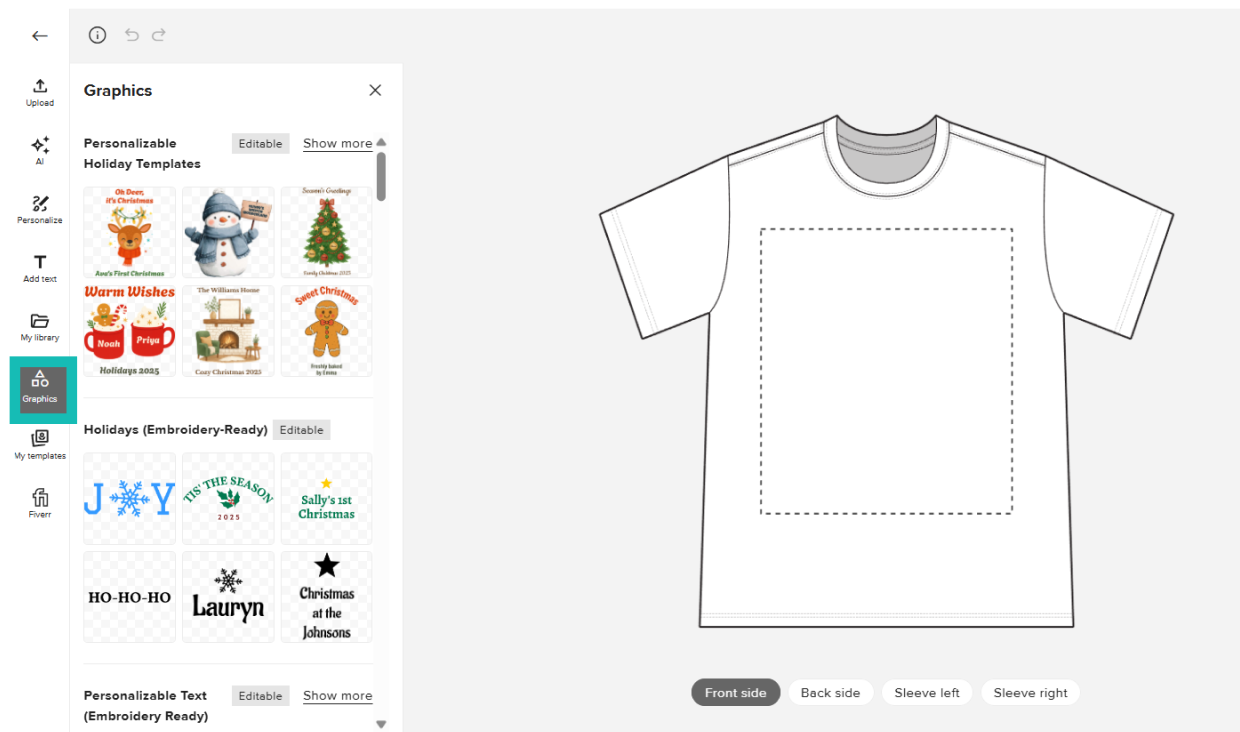 Design Maker with the Graphics panel open, showing personalizable holiday templates and embroidery-ready graphics alongside a T-shirt design area.
