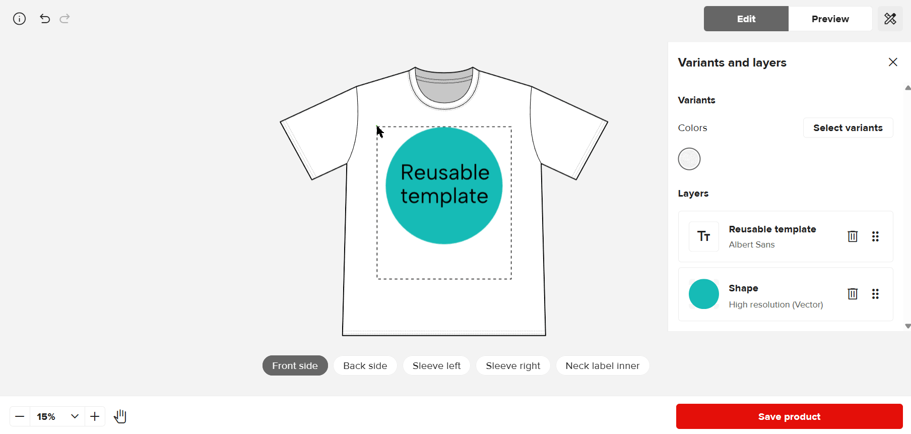 Gif of how to select all design layers and save them as a reusable artwork template. 