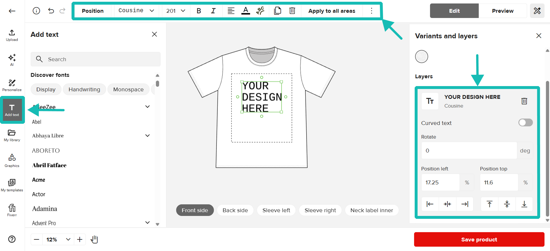 Printful Product Creator "Add text" feature and it's tools highlighted in teal. 