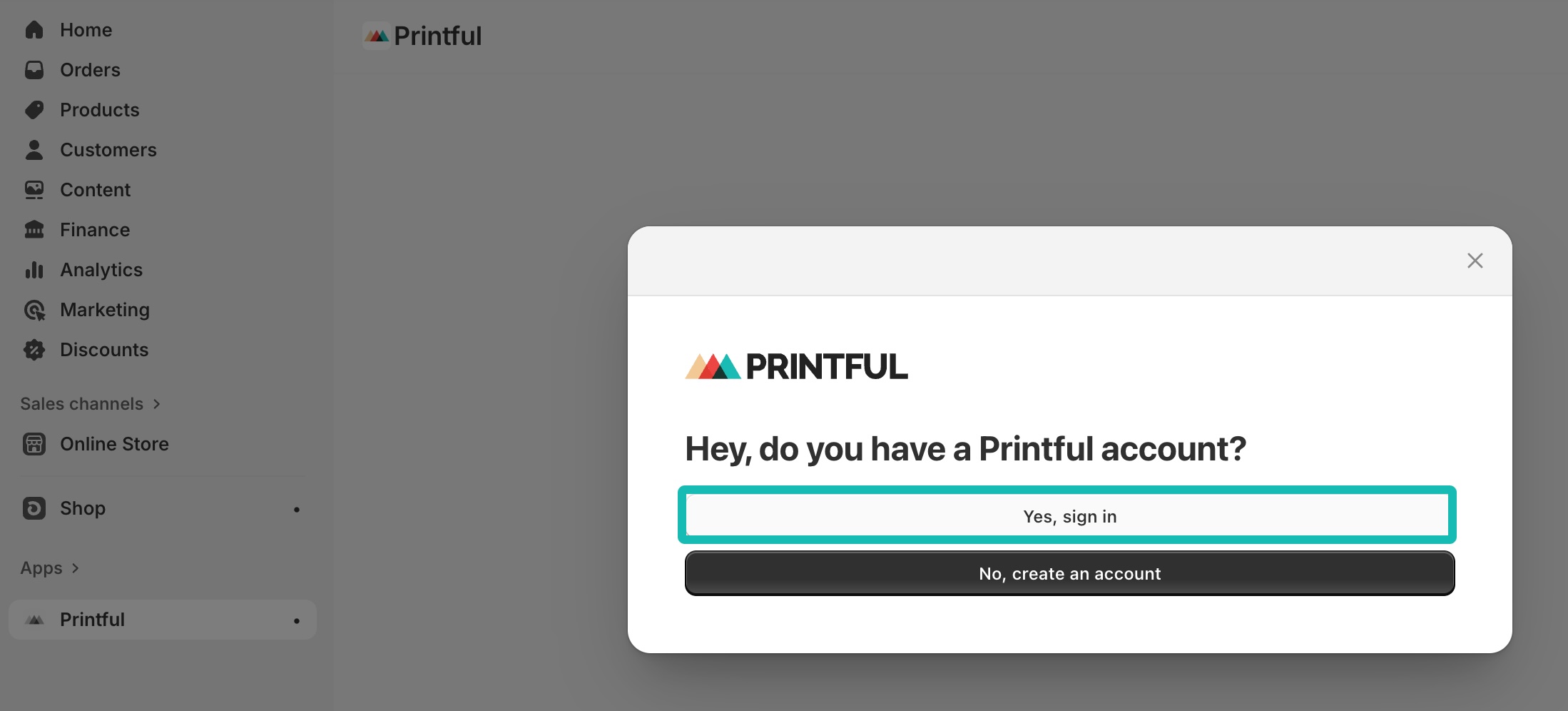 Log in menu from Printful app in Shopify