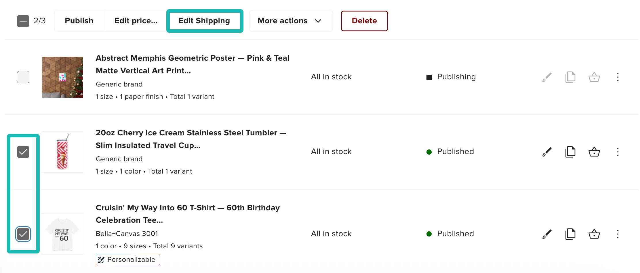 Bulk selecting products and Edit Shipping button