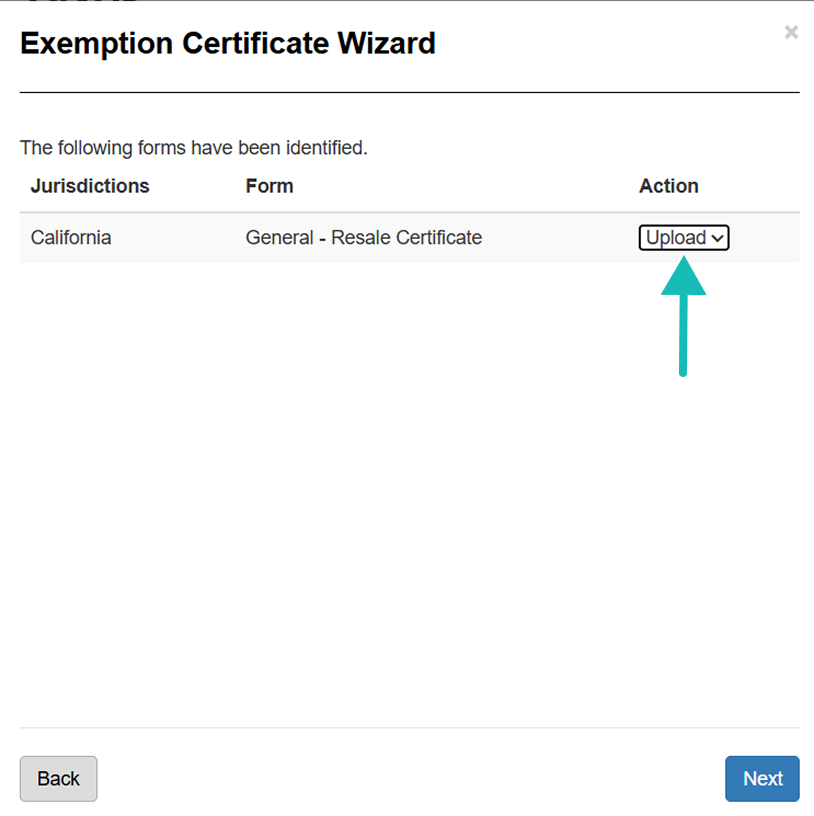 The exemption certificate wizard, pointing out the Action selection "Upload".
